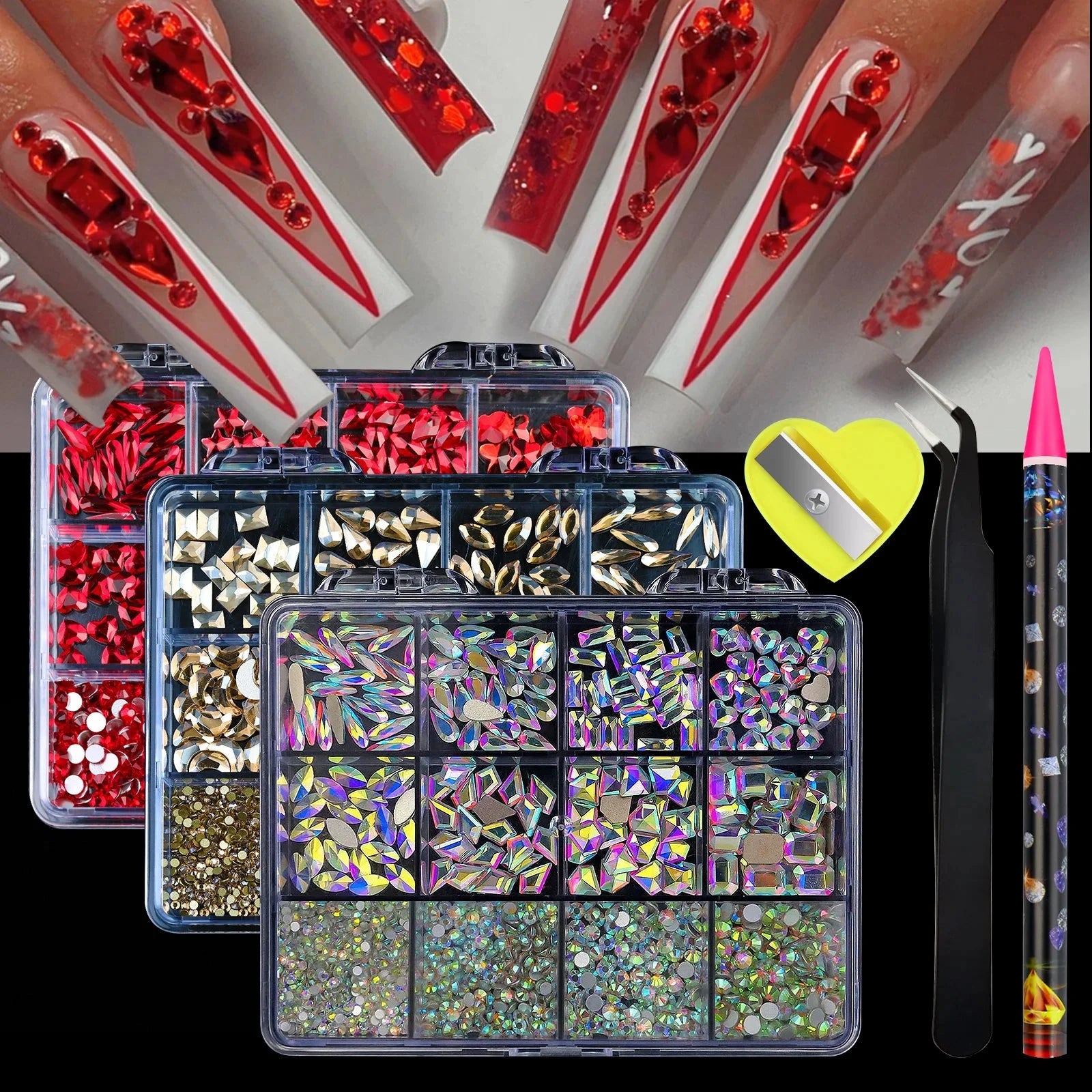 12 Grid Diamond Jewelry Set for Nail Art Decorations Nail Ab Flat Bottom Drill Nail Art Luxe Nail Shaped Diamond Illusion Color Econic Blanks