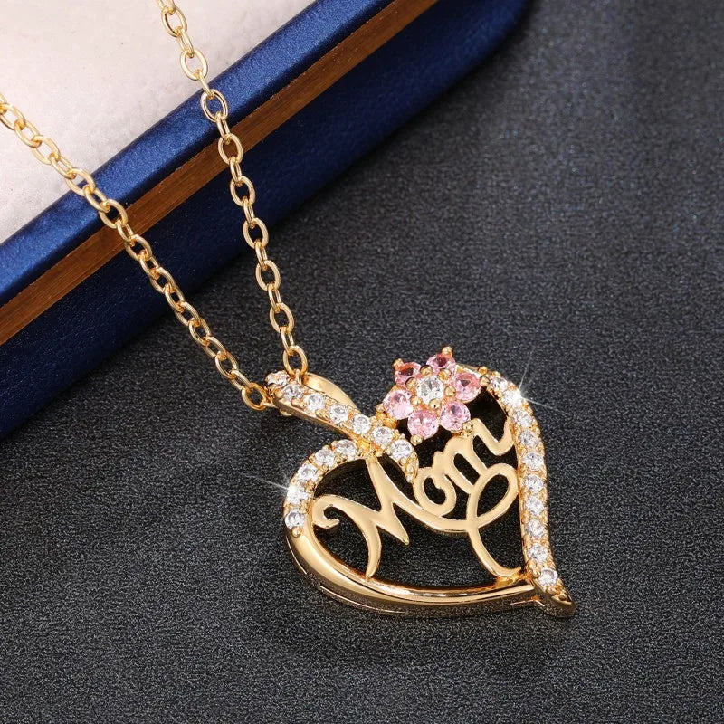 Huitan Mother's Day Necklace for Mom Luxury Trendy Craved Pendant Necklace Pink Flower Aesthetic Neck Accessories Love Jewelry Quick Pick Grocers