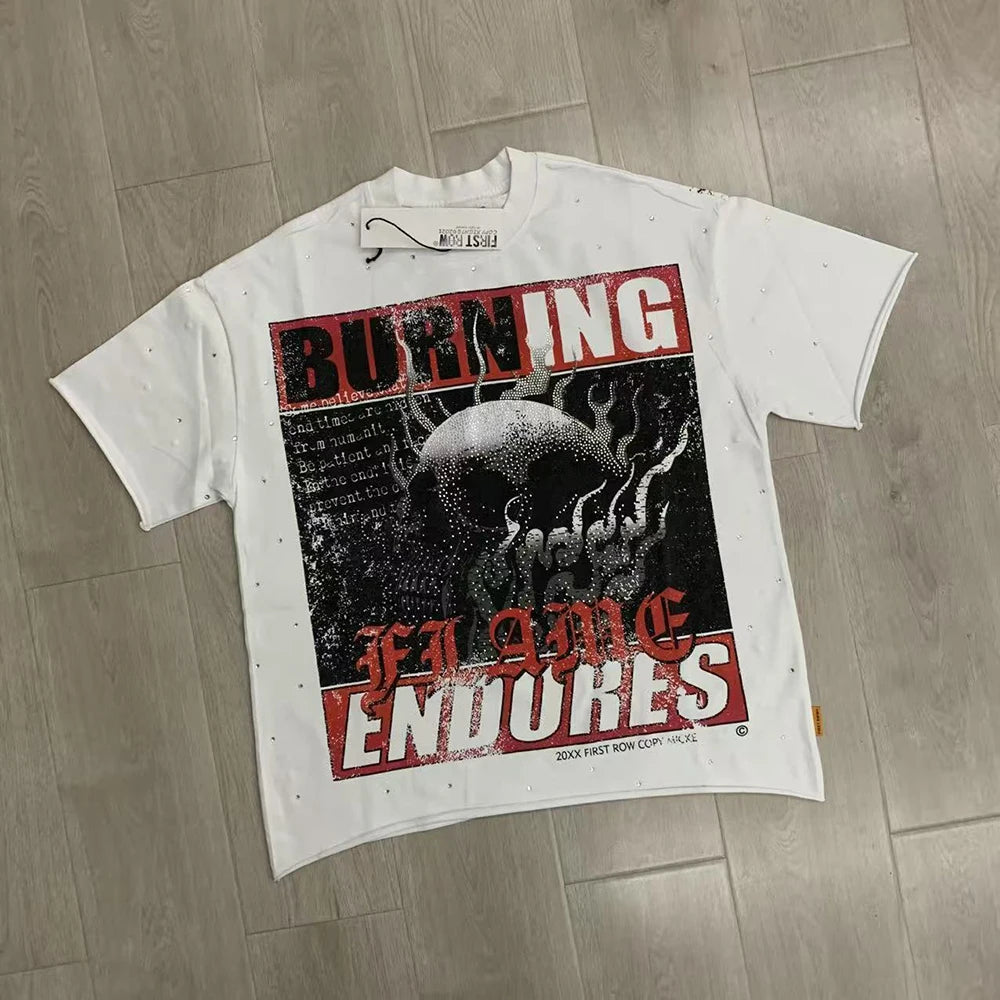 Streetwear Vintage Washed Diamond Cropped Tee for Men Crew Neck Short Sleeve Loose Cotton Rhineston Tshirts Oversized Quick Pick Grocers