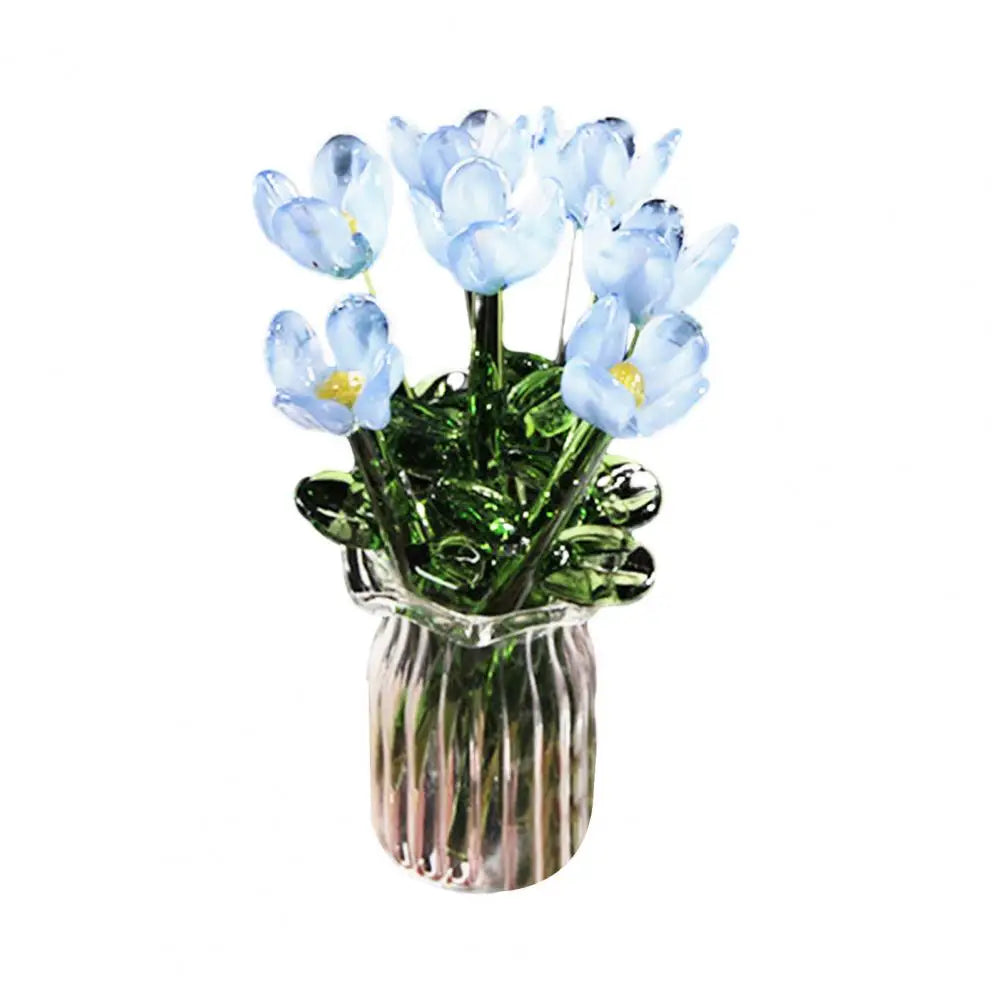 Glass Flower Decor Handcrafted Floral Sculpture Hand-blown Glass Flower Bouquet with Vase Mini Floral Decoration for Home Room Quick Pick Grocers