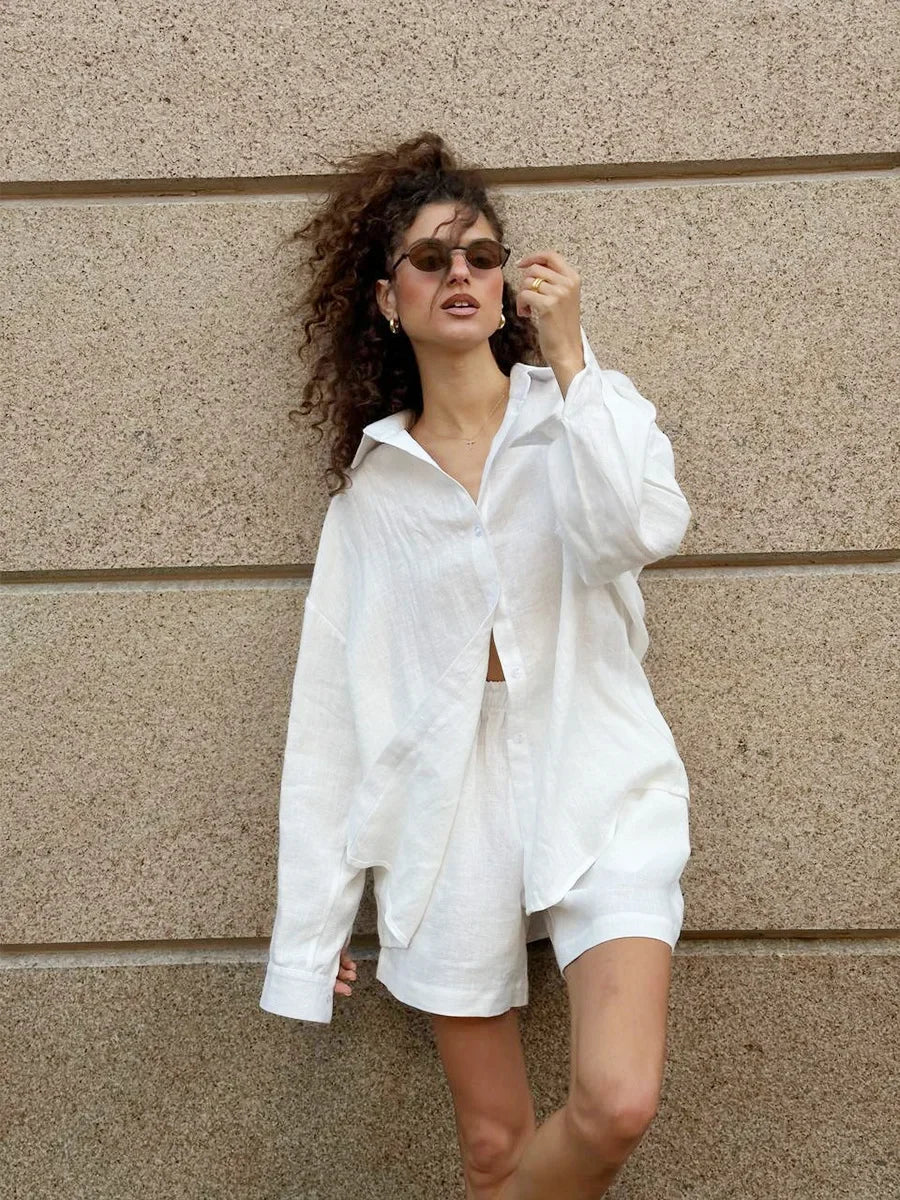 Wolfeel Women's Casual Shorts Sets 100% Cotton Solid Color Cozy Lapel Long Sleeve Shirt Summer New Elastic Waist Shorts Suits Quick Pick Grocers