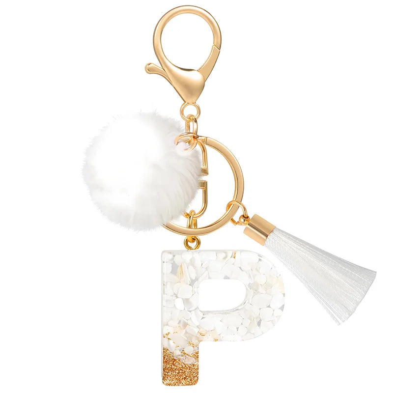 Creative Resin Initials White Fringe Fur Ball Women Keychain A-Z Letter Pendant Handbag Decor Car Key Ring Jewelry Gift Quick Pick Grocers
