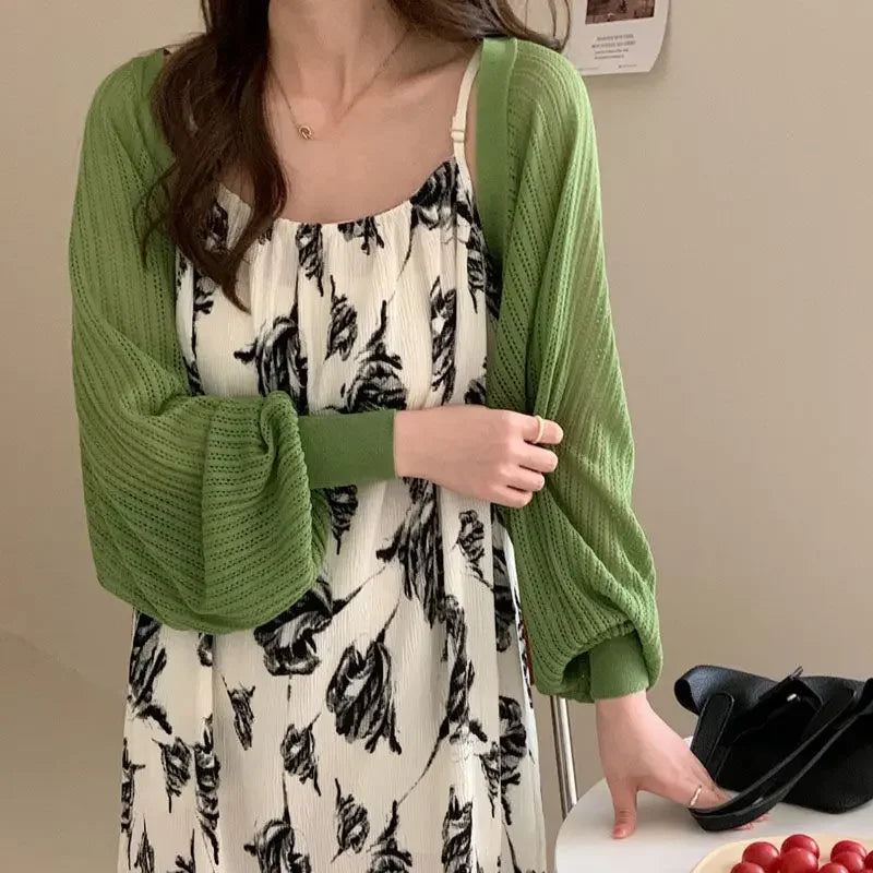 French Ice Silk Knitted Sun-Proof Cardigan Top Women's Summer Thin Jacket Waistcoat Suspender Skirt Shawl Outer Match Blouse Quick Pick Grocers