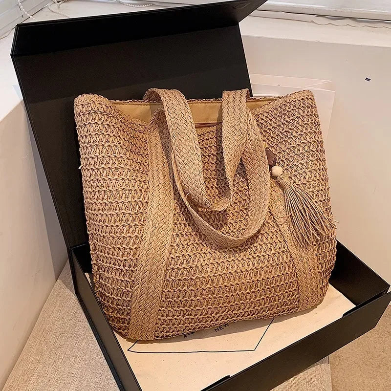 Elegant Ladies Straw Woven Handbag Women Holiday Beach Commute Casual Tote Top-Handle Bags Fashion Retro Shoulder Bags 2024 Quick Pick Grocers