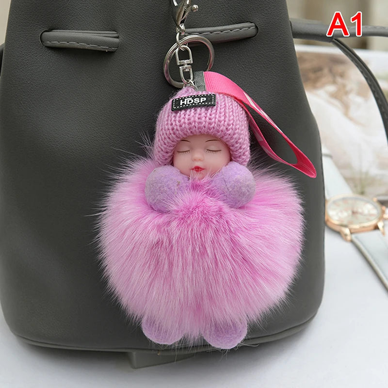 Pompom Sleeping Baby Keychain Cute Fluffy Plush Doll Keyholder Women Girl Bags Keyrings Cars Key Ring Gift Charming Decoration Quick Pick Grocers