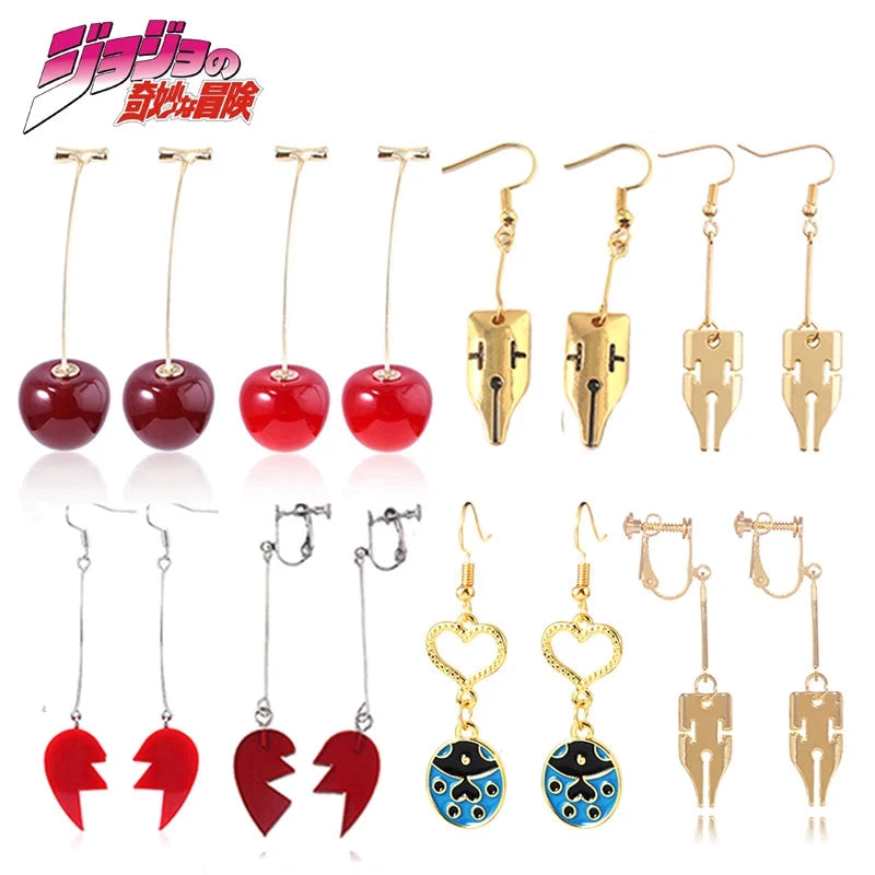 Anime JoJo Bizarre Adventure Drop Earrings Cosplay Props Kakyoin Noriaki Cherry Earrings Ear Clip Men Girl Jewelry Gift Econic Blanks
