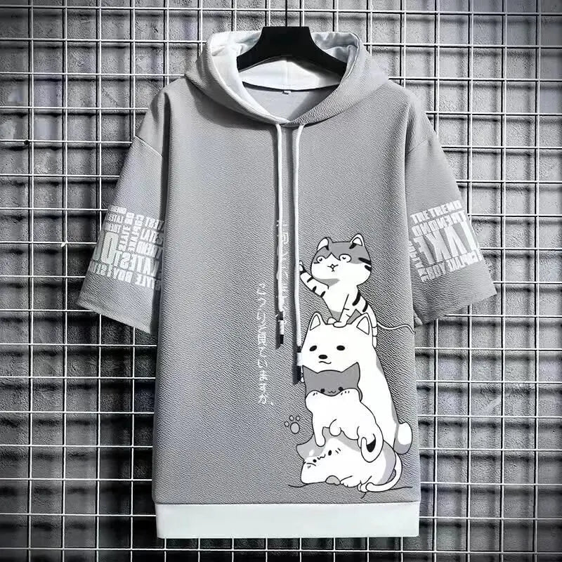 Japan Fashion Men's Hoodies Summer Men Clothing Cartoon Casual Harajuku Streetwear Print Hooded Top Short Sleeve Sweatshirts Men Quick Pick Grocers