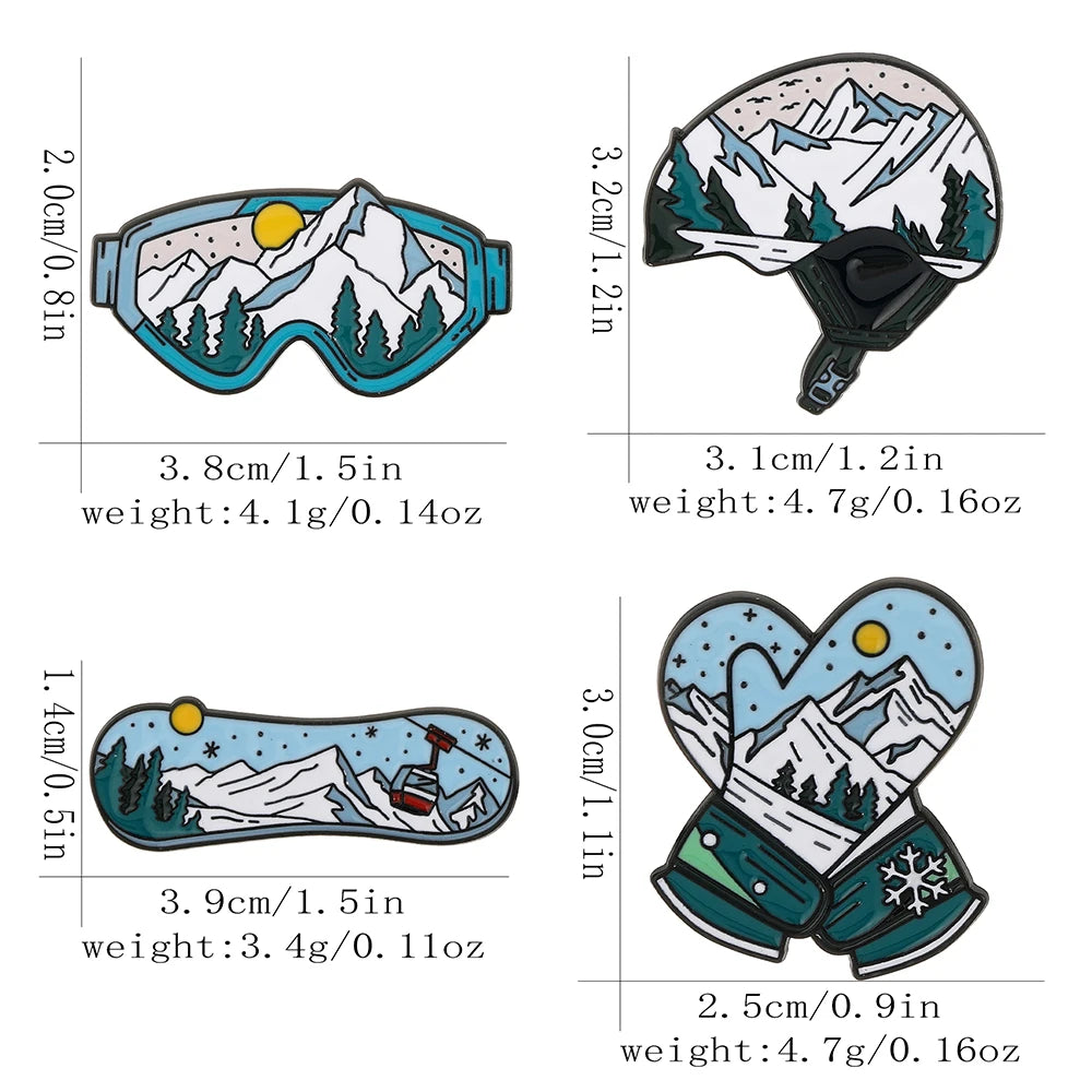Sports Snow Mountain Pattern Ski Theme Enamel Brooches Skateboard Gloves Helmet Goggles Shaped Pins Winter Badge Jewelry Quick Pick Grocers