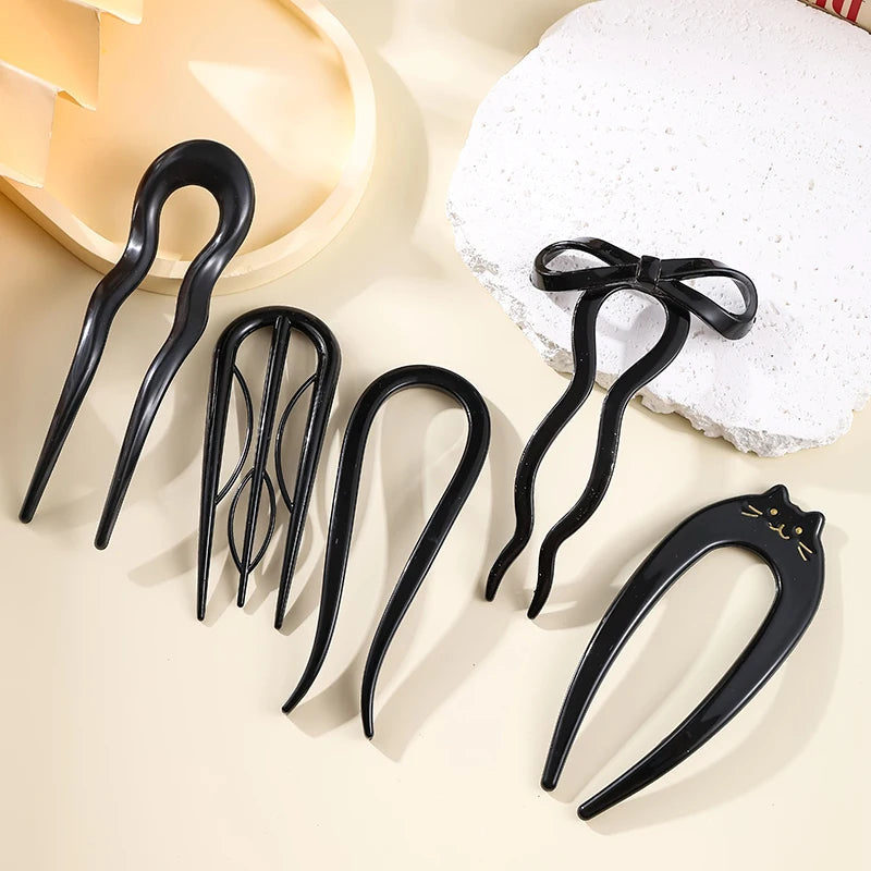 U-Shaped Hair Fork Fashion Tortoiseshell Acetate Acrylic Hairpin Geometric Headwear Hair Sticks Women Girls Hair Accessories Quick Pick Grocers