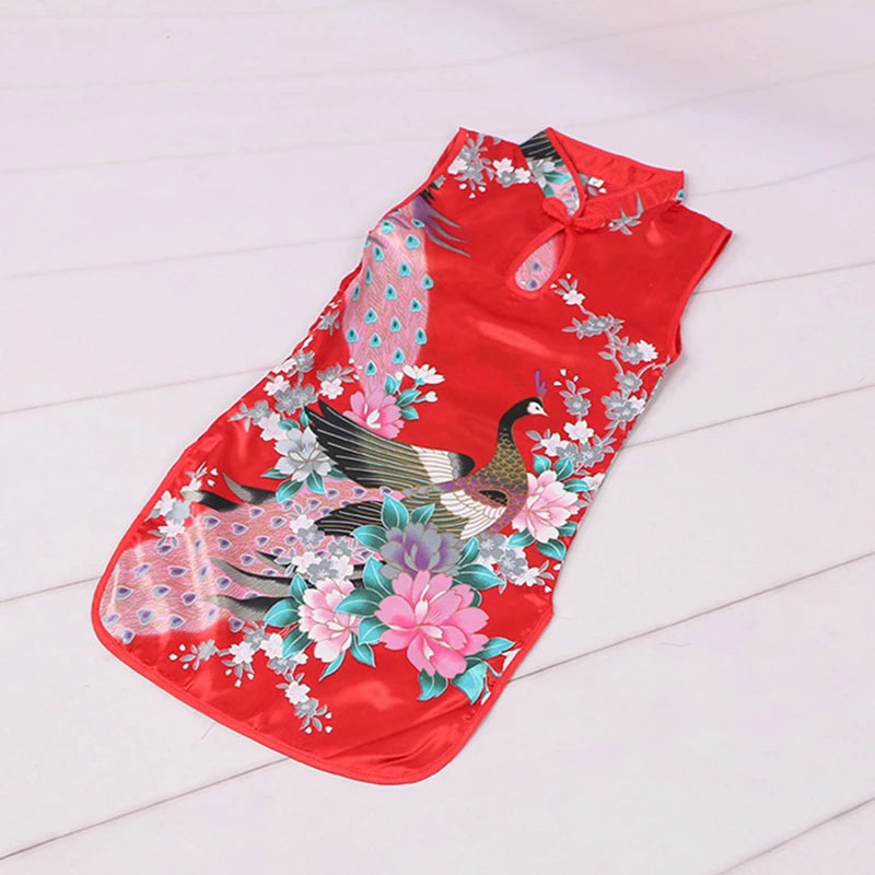 Cheongsam Dress Baby Girl Qipao Summer Clothes Peacock Sleeveless Slim Traditional Dress Child Girls Clothes Chinese Style Quick Pick Grocers