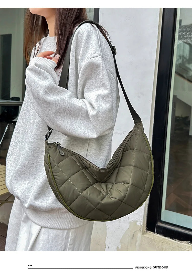 Waist Half Moon Belt Bag Solid Color Crossbody Bag Large Capacity Shoulder Bags Portable Nylon Plaid Travel Bags for Commuting Quick Pick Grocers