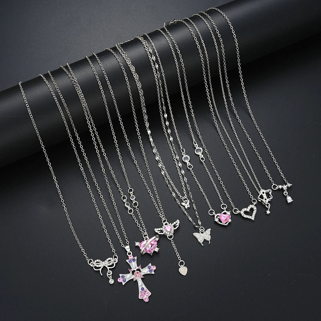 9 Pcs Women's Elegant Zircon Pendants Necklace Set Fashion Pink Color Cross Butterfly Heart Bowknot Necklaces Party Jewelry Gift Quick Pick Grocers