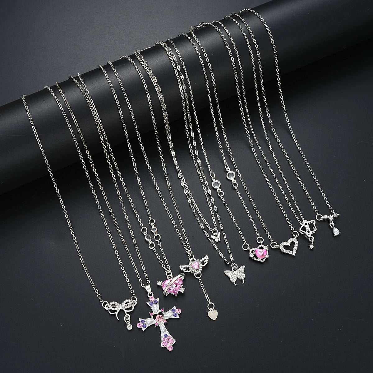 9 Pcs Women's Elegant Zircon Pendants Necklace Set Fashion Pink Color Cross Butterfly Heart Bowknot Necklaces Party Jewelry Gift Quick Pick Grocers
