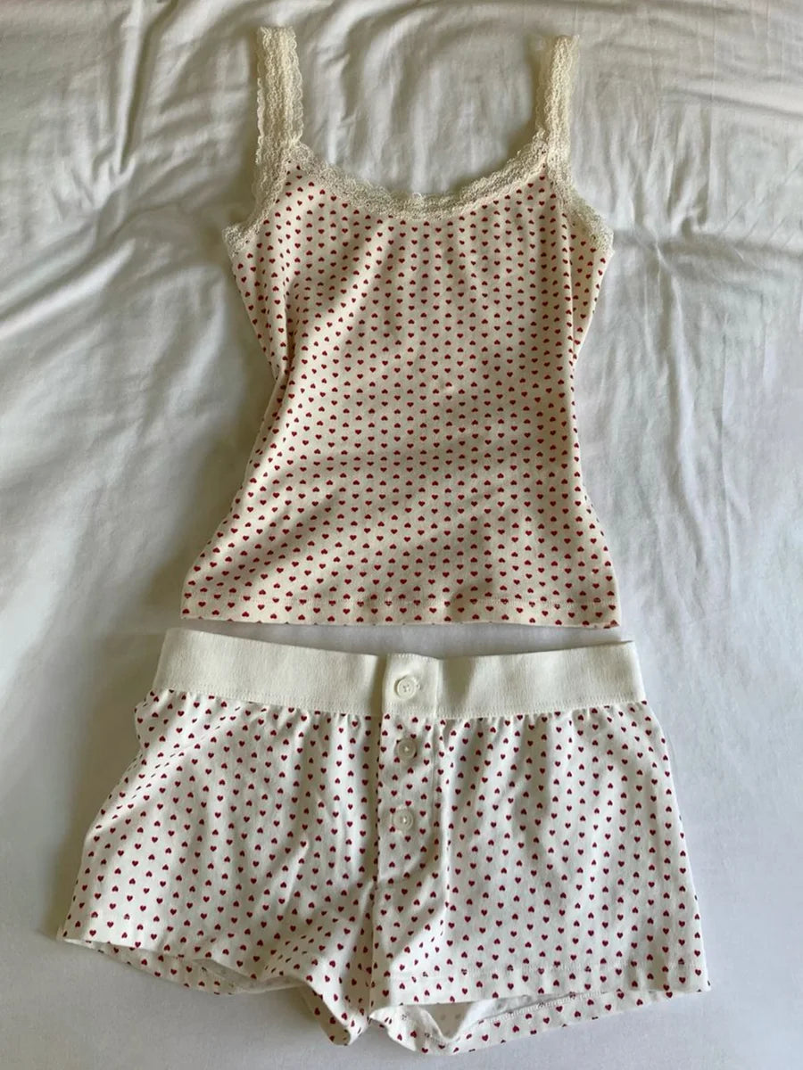 Strawberry Vest Shorts 2 Pieces Set Woman Eyelet Bow Slim Tank Top with Elastic Waist Patchwork Straight Short Pant Sweet Sets Quick Pick Grocers