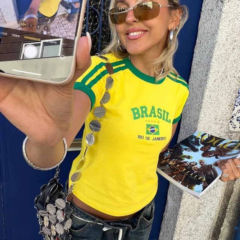 2023 Summer T-shirt For Women Brazil Letter Aesthetic 90's Crop Tops Casual Short Sleeve Tee Kpop Streetwear Vintage Y2k Clothes Quick Pick Grocers