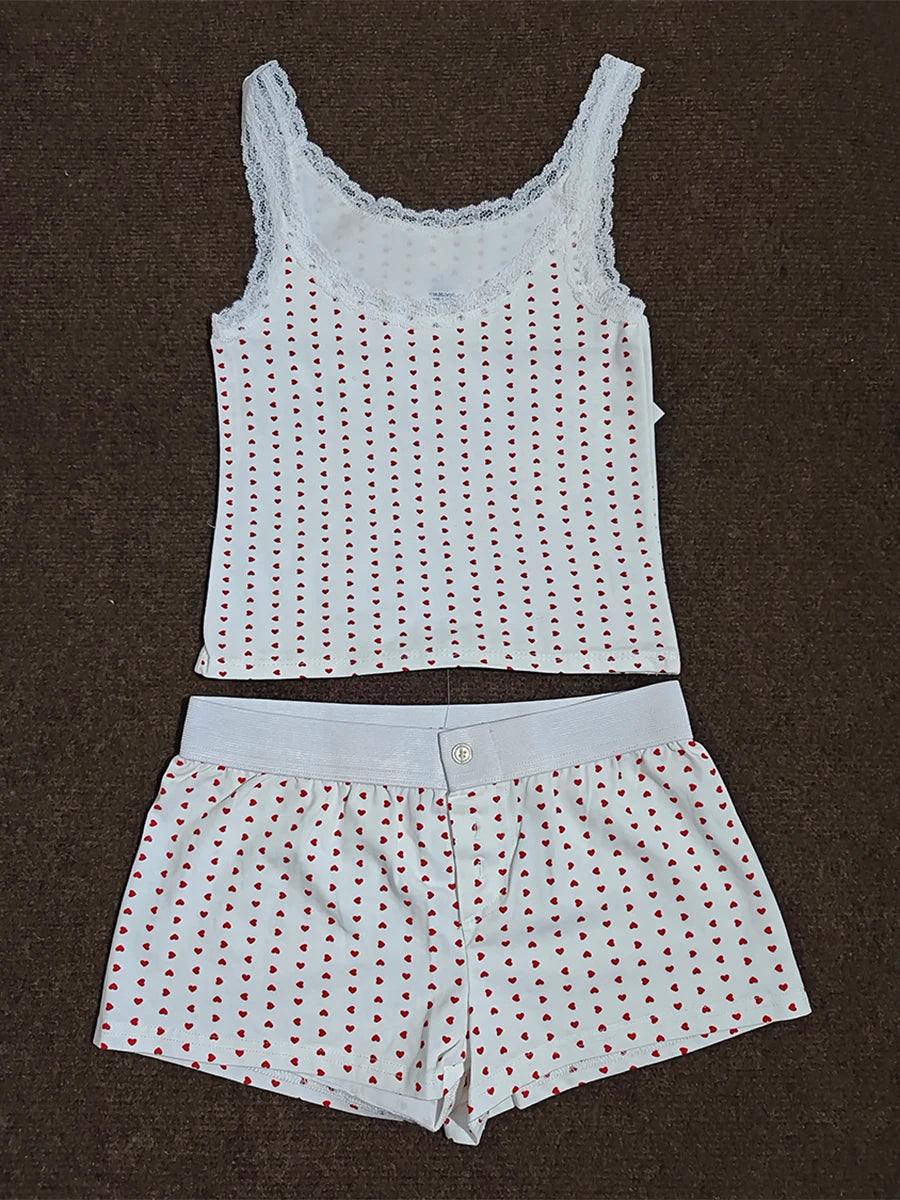 Strawberry Vest Shorts 2 Pieces Set Woman Eyelet Bow Slim Tank Top with Elastic Waist Patchwork Straight Short Pant Sweet Sets Quick Pick Grocers