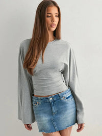 Women's Long Sleeve O-Neck Skinny T-Shirt Monochromatic Crop Top Casual Y2K Streetwear Fashion Pullover Summer Outfit Quick Pick Grocers