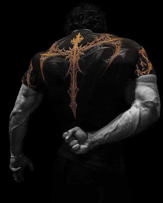 New Summer GYM T-shirt Men's Gothic Print Muscle Tee High Elasticity And Quick Drying Exercise For Bodybuilding Training T-shirt Quick Pick Grocers
