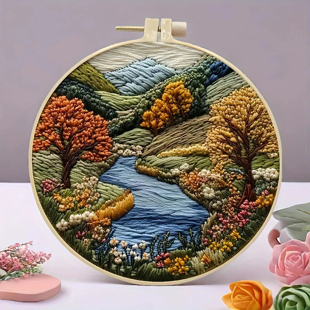 Beginners Hand Embroidery Kit - Mountain and Moon Landscape, Mixed Colors, Fabric Included - Perfect Handmade Gift Econic Blanks
