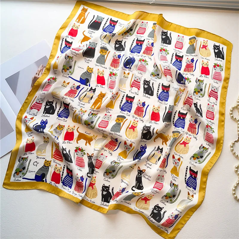 2025 Silk Shawl Print Headscarf Cat Hair Wrap Neckerchief Female Satin Square Scarf For Women Headband Foulard Hijab Bandana Quick Pick Grocers