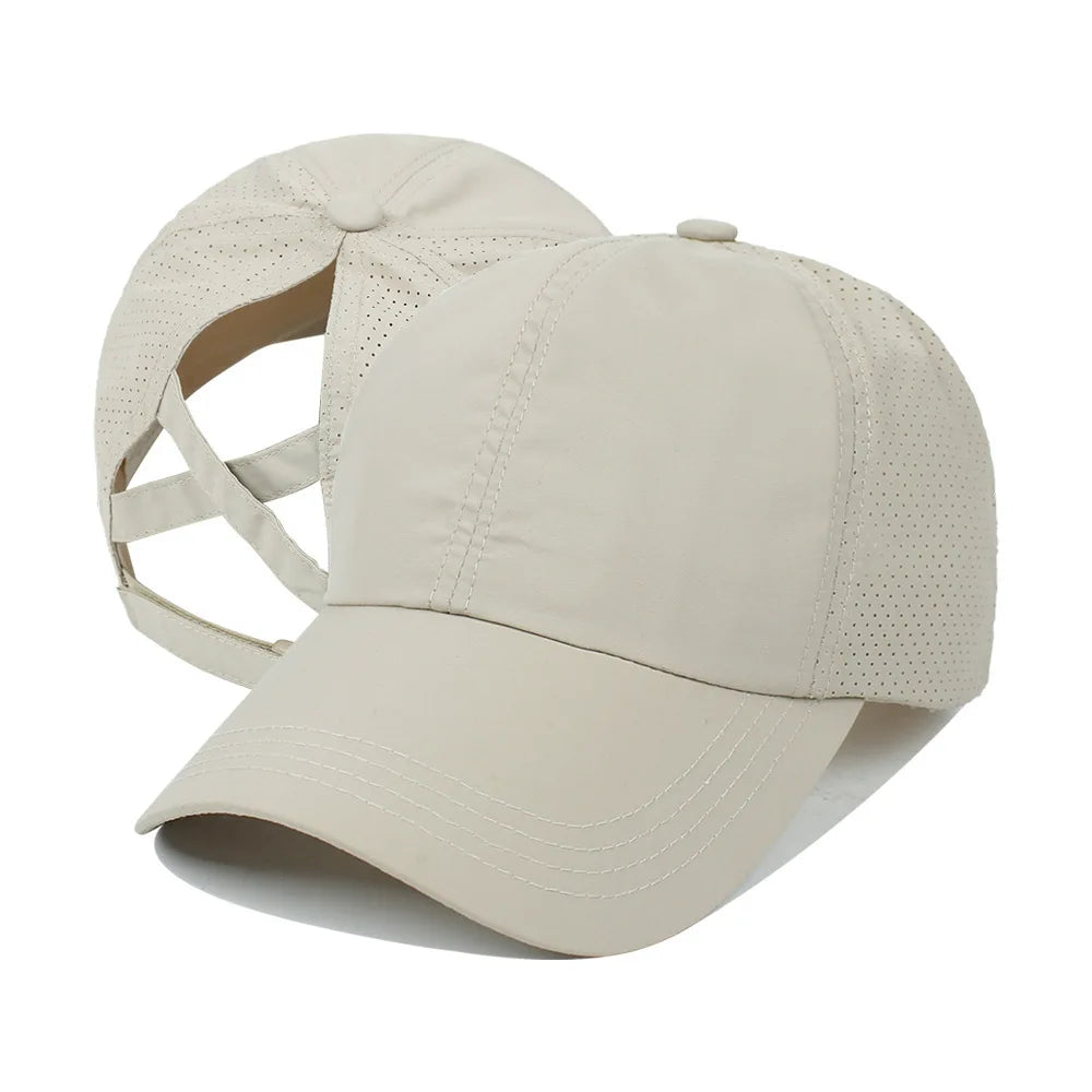 Summer Solid Color Baseball Cap Women's Athleisure Cross Ponytail Hat Mesh Quick-Drying Cap Visor Hat Quick Pick Grocers