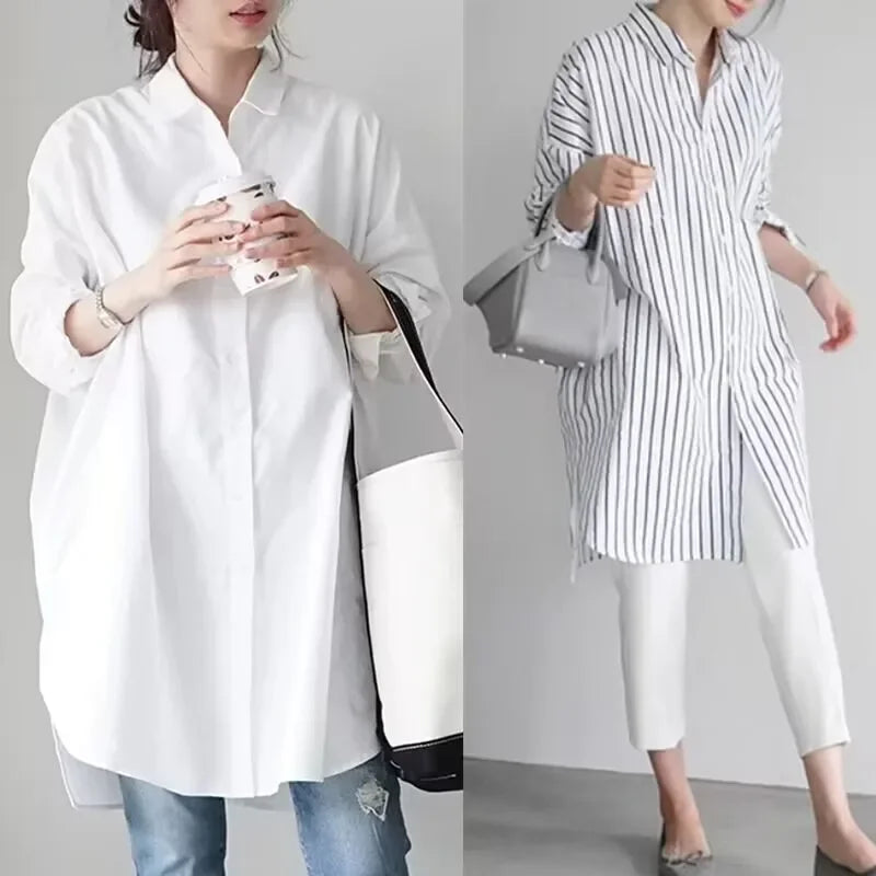White Loose Long Sleeve Women's Shirt Lazy Design Sense Fashionable Midi New Style Button up Casual Office Wear Quick Pick Grocers