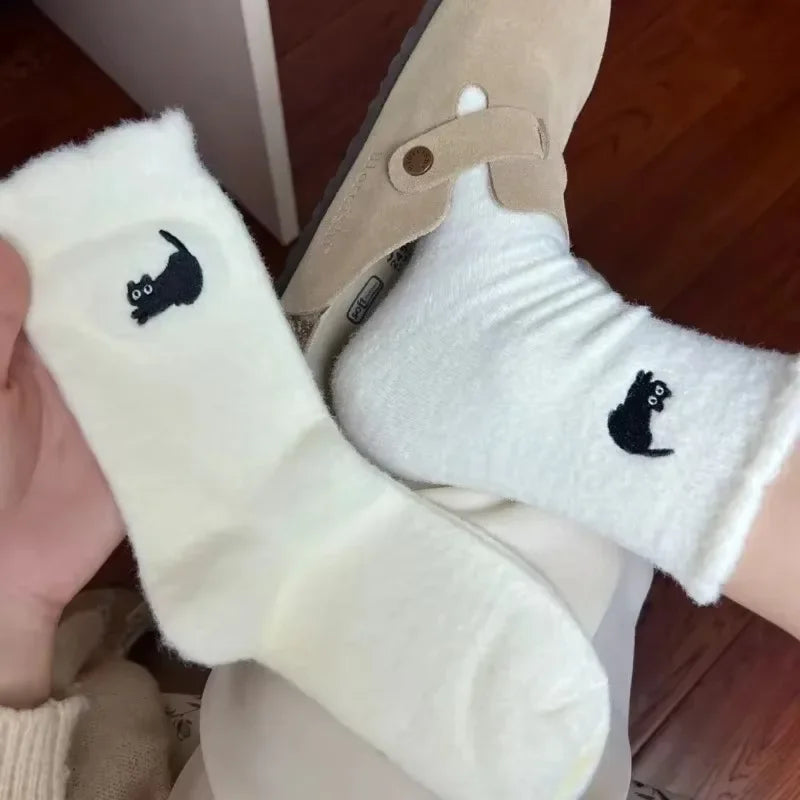 3Pairs Premium Feel Cute Cat Cozy Hairy Mink Velvet Socks Autumn Winter Hosiery Thickened Plush Warm Sleep Home Fluffy Socks Purest Peak