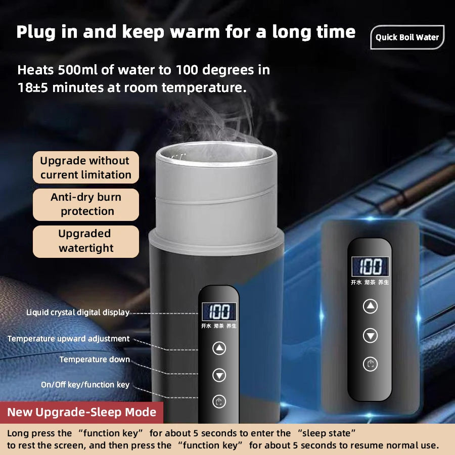 Electric Kettle 12V24V Portable Car Heating Cup 500ml Travel Heating Touch Screen Intelligent Adjustable Temperature Thermal Cup