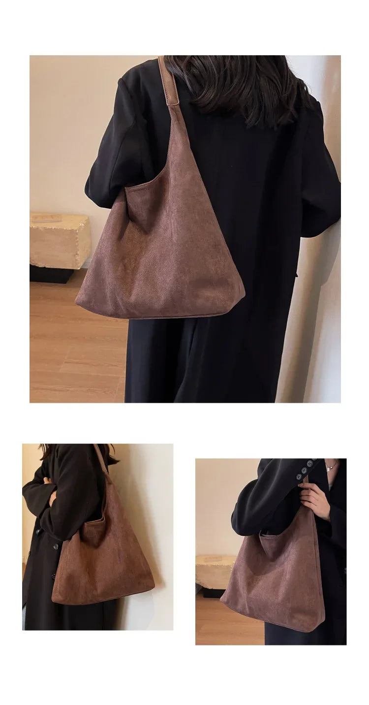 Autumn and Winter Vintage Women's Bag Large Capacity Suede Shoulder Bag Solid Color Simple Casual Commuter Bag Retro Handbags Quick Pick Grocers