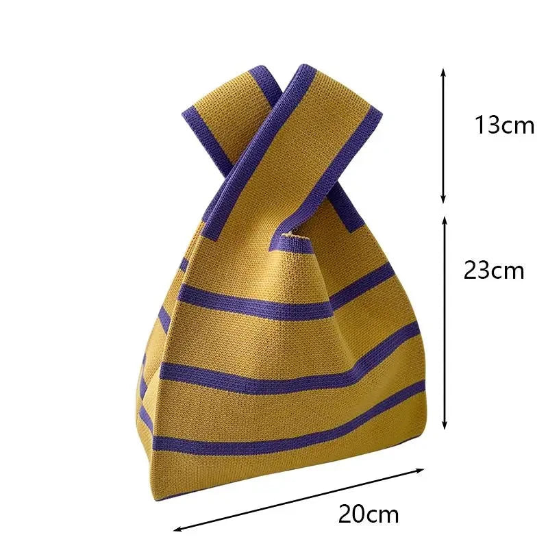 Women Handmade Knitted Small Handbag Casual Wrist Bag Wide Stripe Stripe Shopper Mini Tote Student Reusable Shoulder Bag Econic Blanks