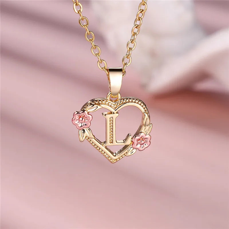 Female A-Z Letter Flower Pendant Necklace Yellow Gold Color Wedding Jewelry Gift For Women Quick Pick Grocers