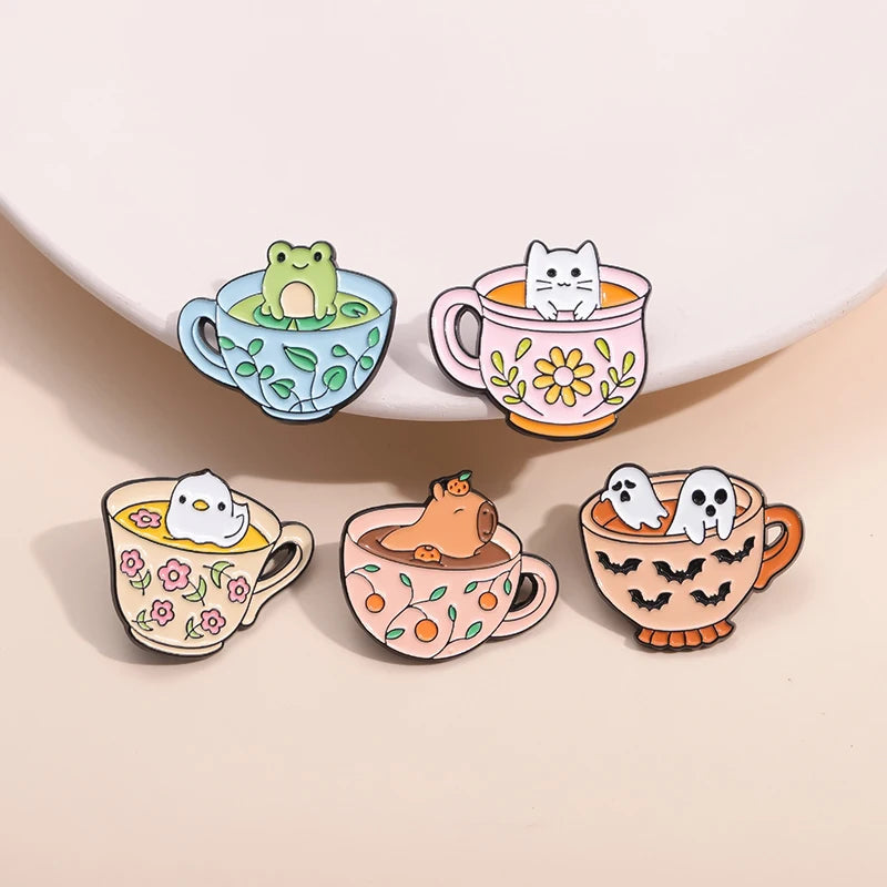 Creative Coffee Cup Animal Collection Enamel Pins Ghost Duck Capybara Frog Brooch Lapel Badge Cute Halloween Jewelry Kid Gift  ﻿ Quick Pick Grocers