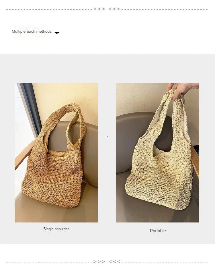 French Style Large Capacity Woven Straw Woven Bag for Women New Beach Vacation Shoulder Bag Casual Commuting Tote Bag Purse Quick Pick Grocers