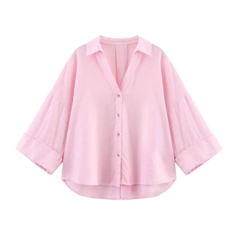 HipSeam Wide Sleeved Shirt Women Spring Asymmetric Hem Button Women's Shirts Simple Lady Johnny Collar Shirts & Blouses Quick Pick Grocers