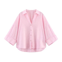 HipSeam Wide Sleeved Shirt Women Spring Asymmetric Hem Button Women's Shirts Simple Lady Johnny Collar Shirts & Blouses Quick Pick Grocers