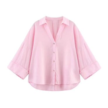 HipSeam Wide Sleeved Shirt Women Spring Asymmetric Hem Button Women's Shirts Simple Lady Johnny Collar Shirts & Blouses Quick Pick Grocers