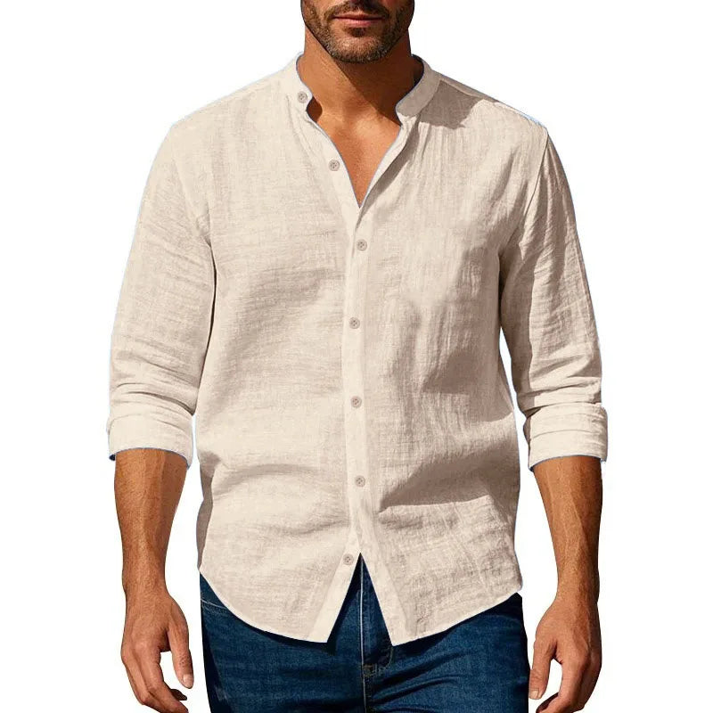 Cotton Linen Shirt for Men Henley Neck Solid Color Lightweight Breathable Slim Fit Single Breasted Shirt Long Sleeve Button Up Quick Pick Grocers
