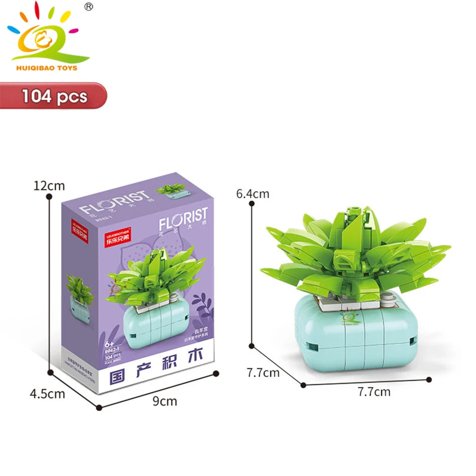 HUIQIBAO MOC Flower Succulent Potted Model Building Block DIY Eternal Bouquet Home Desk Plant Decor Brick Girl Gift Children Toy Quick Pick Grocers