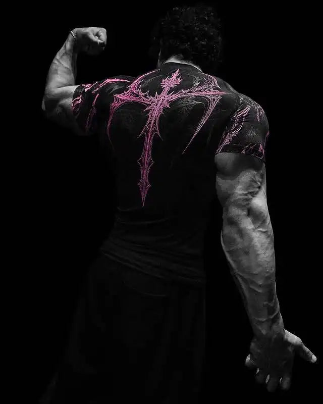 New Summer GYM T-shirt Men's Gothic Print Muscle Tee High Elasticity And Quick Drying Exercise For Bodybuilding Training T-shirt Quick Pick Grocers