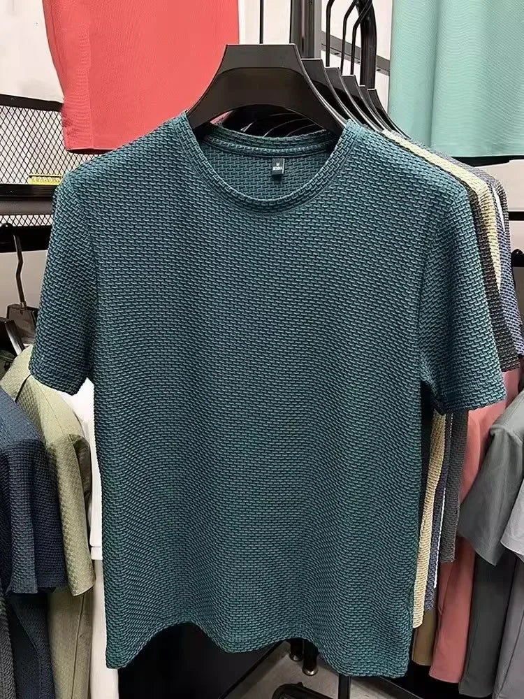 Men's Short Sleeve Mesh Bamboo Ice Silk T-shirt Casual Versatile Summer Elastic Slimming Top for Men Quick Pick Grocers