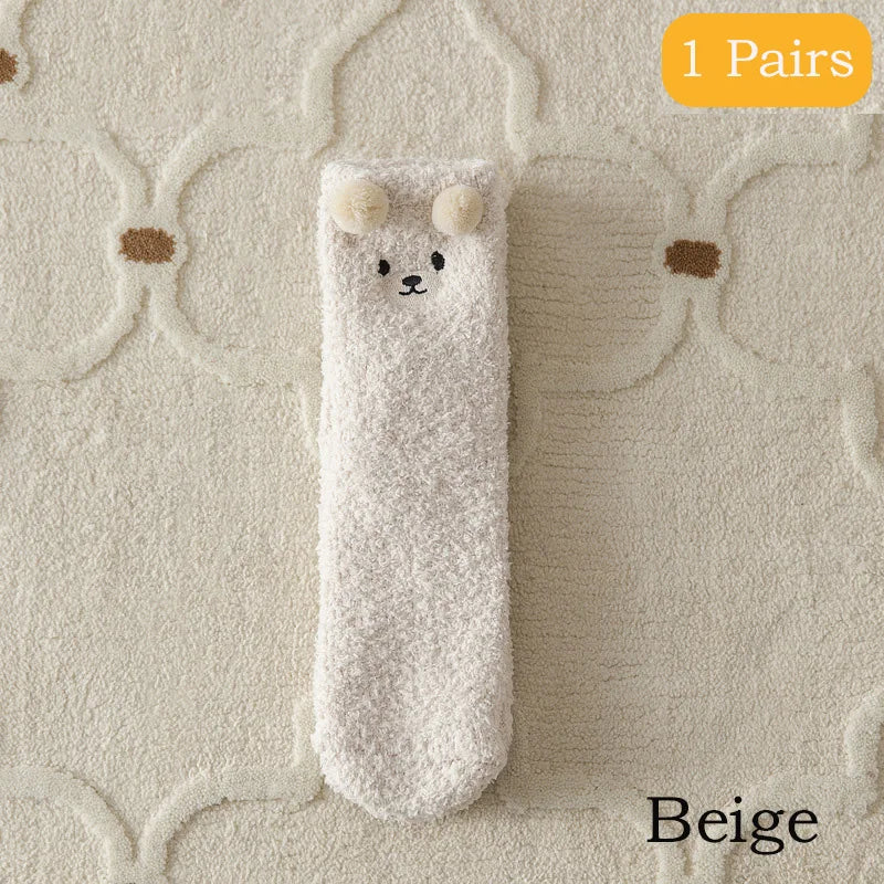 2 Pairs Cute Socks Bear Women Coral Velvet Thick Plush Warm Socks Sleep Fluffy Socks Cute Cartoon Lovely Floor Fuzzy Sock Winter Purest Peak
