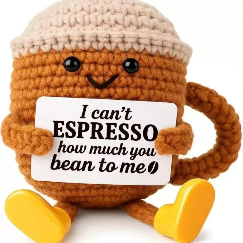 Funny Crochet Emotional Support Coffee Doll With Card Desktop Ornament Handmade Knitted Coffee Dolls Christmas Gifts Home Decor Quick Pick Grocers