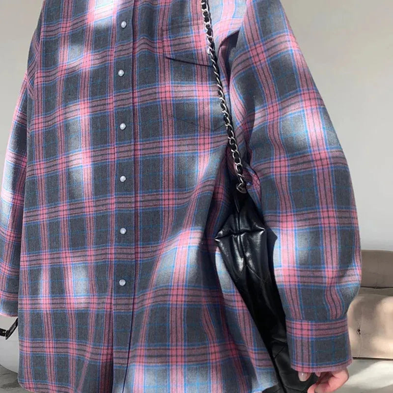 New Vintage Women Oversized Long Sleeve Plaid Shirt Blouse Tops Autumn Winter Button Down Loose Lapel Pocket Shirt Korean Style Quick Pick Grocers