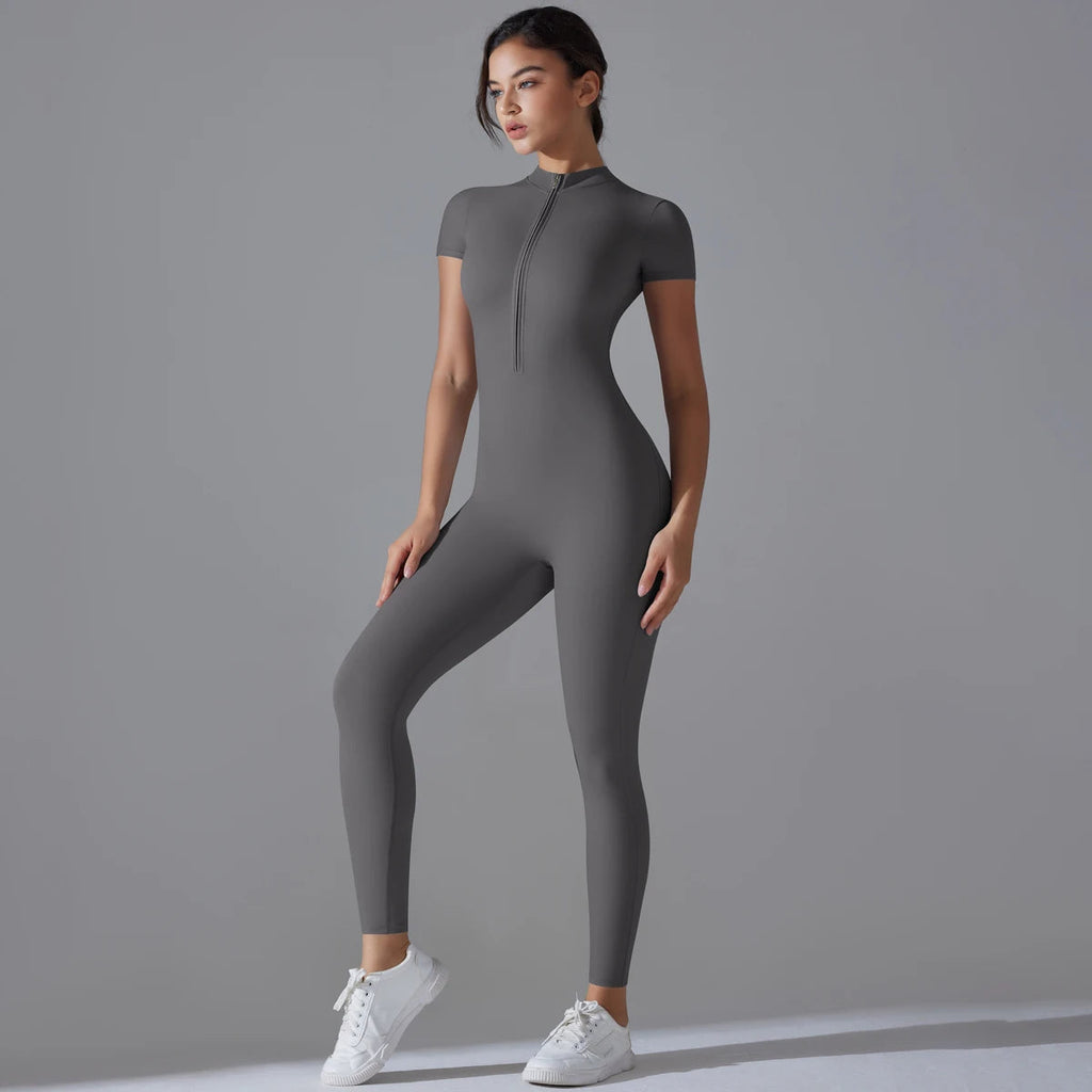 Yoga Set Women's Jumpsuits One-Piece Suit Zipper Short Sleeve Gym Push Up Workout Clothes Fitness Bodysuit Sportswear Tracksuit Quick Pick Grocers