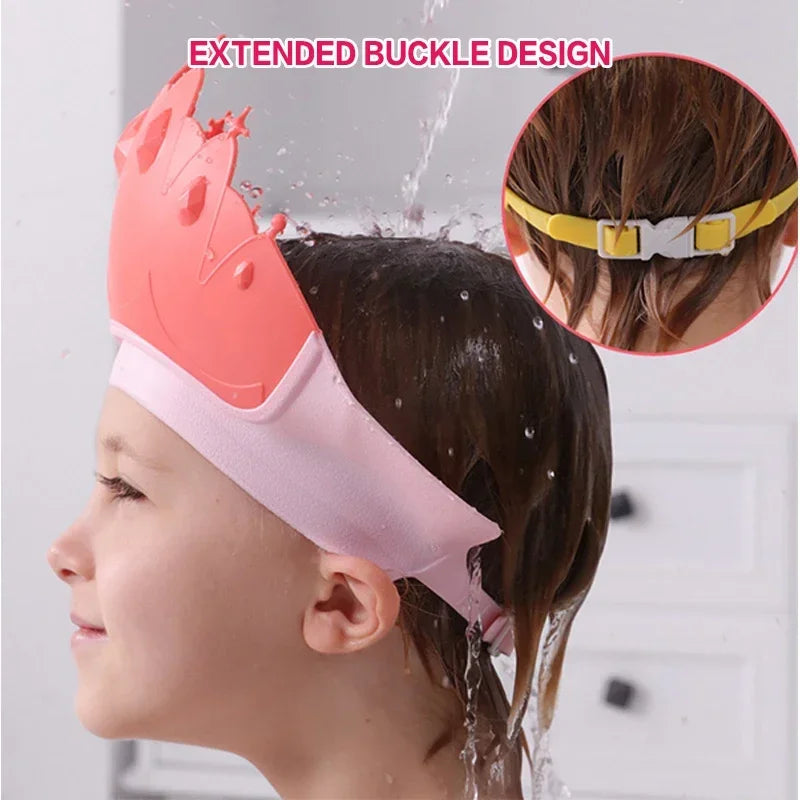 Adjustable Size Children Shampoo Cap Crown Baby Shower Cap Cartoon Bath Visor Infant Hair Shield Ear Protection Waterproof Purest Peak