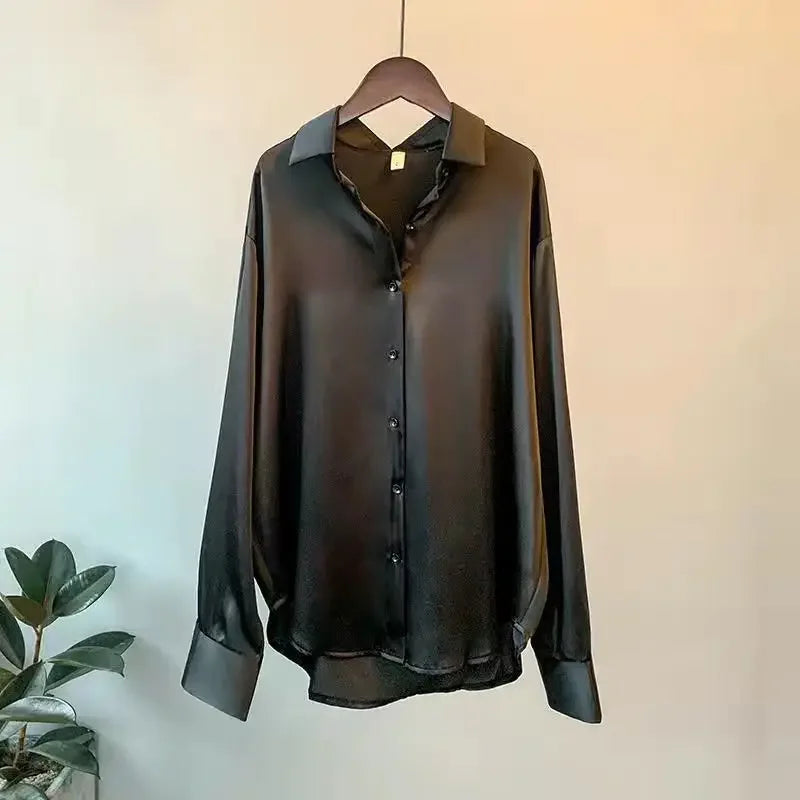 Plus Size Casual Women Silk Shirt 2025 New Fashion Loose Long Sleeve Button-Down Blouse Female Elegant Top Office Acetate Shirts Quick Pick Grocers