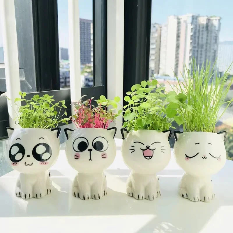 1pc Ceramic Flowerpot Mini Cat Cartoon Cute Plant Desktop Potted Plant Pot DIY Decorate Toys Science Education School Gifts Quick Pick Grocers