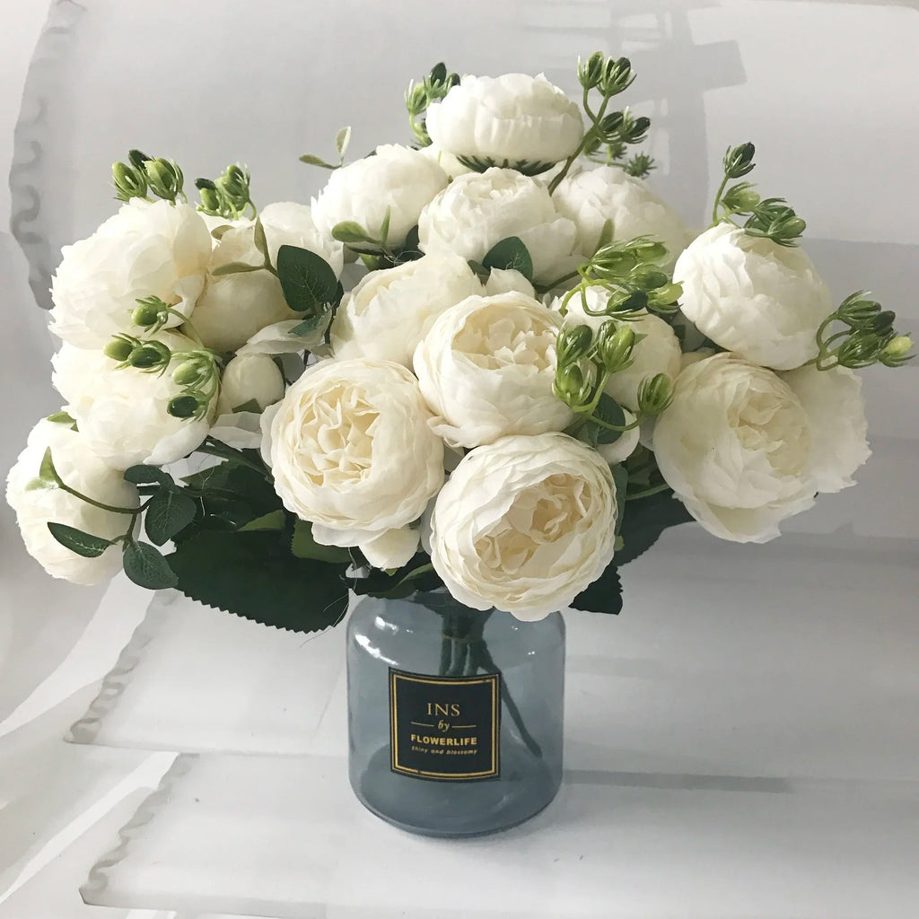 30cm Rose Pink Silk Peony Artificial Flowers Bouquet 5 Big Head and 4 Bud Cheap Fake Flowers for Home Wedding Decoration indoor Quick Pick Grocers