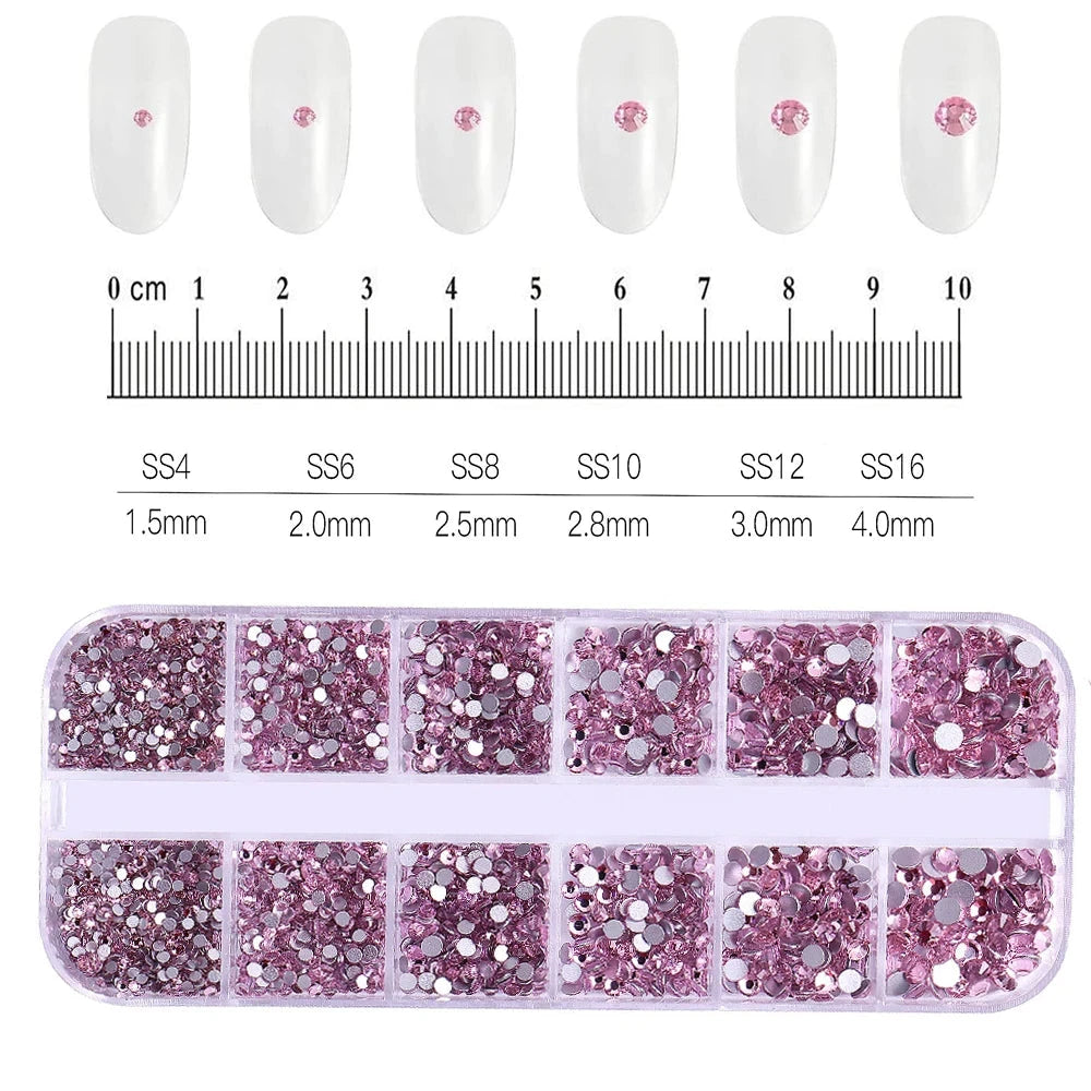 12Grids SS6-SS30 Mixed Nail Rhinestones Shiny Clear/Gold/Pink/Blue Diamond Flat-back Nail Gems Glass Stones Nails Decoration Econic Blanks