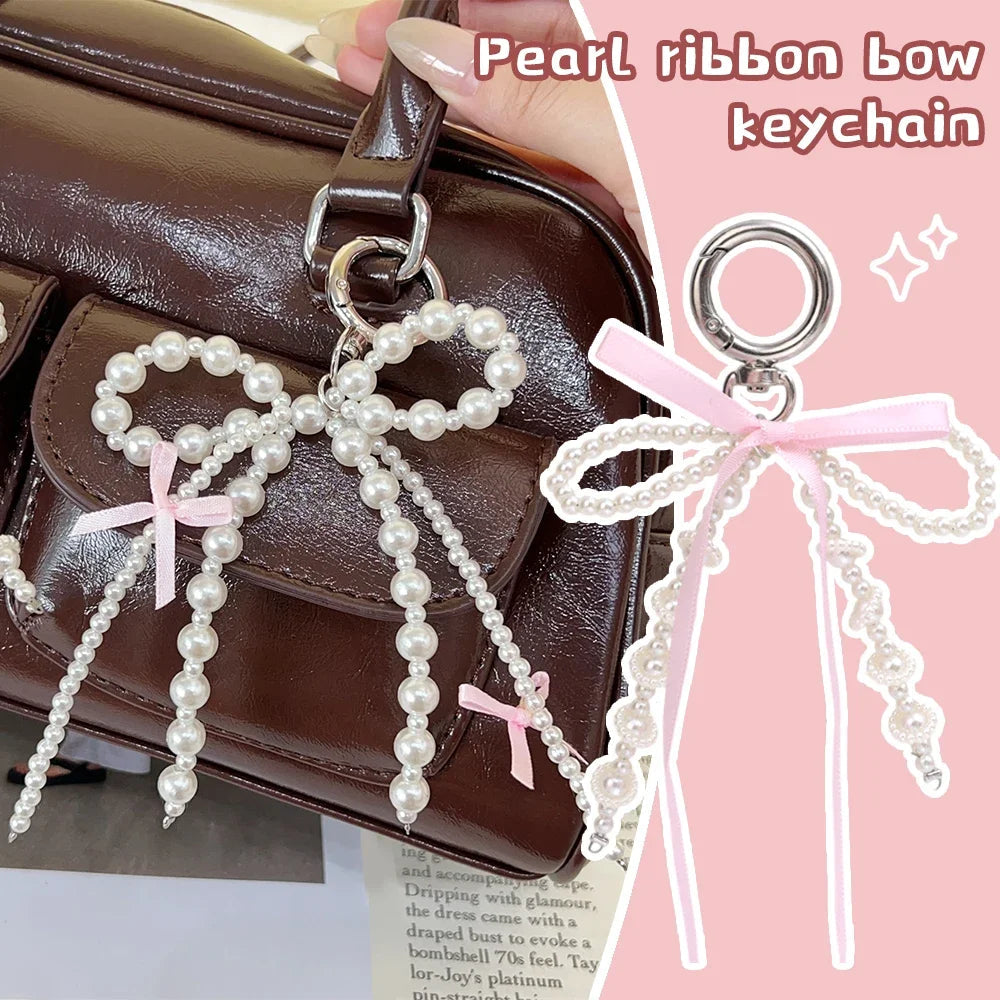 2026 New Korean Fashion Sweet Pearl Bow Keychain Heart Pendant Keyring Y2K Ins Aesthetic Holder for Girl Bag Pendant Accessories Quick Pick Grocers